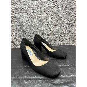 Prada Suede Block Mid Heel Squate Toe Slip On Pumps Black Womens Size 37‎ EU